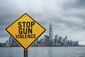Stop gun violence sign in front of New York