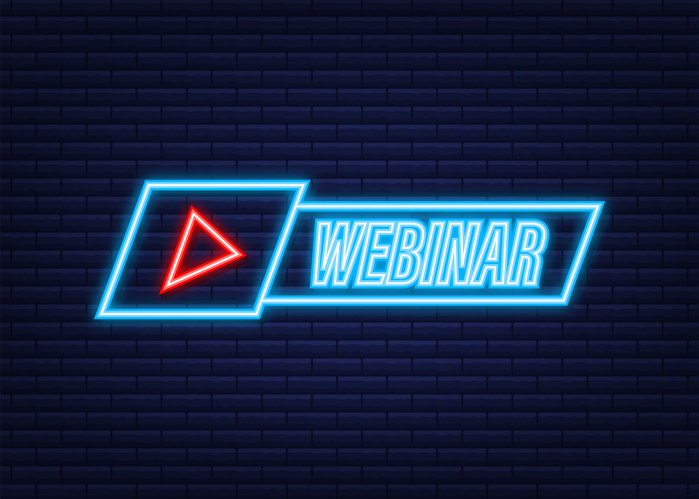 Webinar Icon, flat design style with play button. Neon icon. Vector illustration